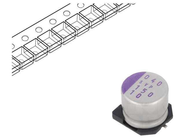 Condensator: polymeer; 150uF; 10VDC; SVP; SMD; ±20%; -55÷105°C; 35mΩ Condensator: polymeer; 150uF; 10VDC; SVP; SMD; ±20%; -55÷105°C; 35mΩ